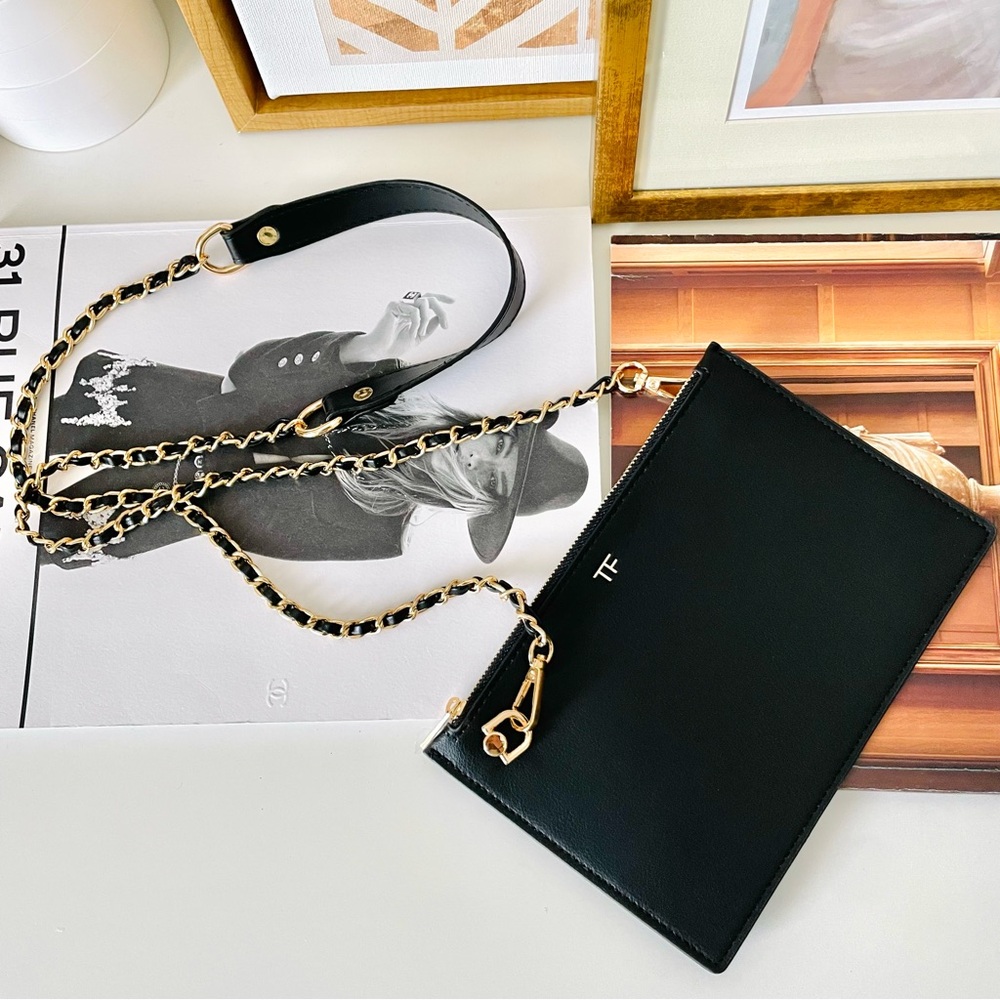 Tom Ford Black Leather Chain Strap Cosmetic Pouch